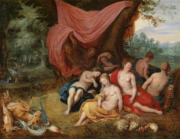 Die Schlafende Diana Und Ihre Nymphen Nach Der Jagd, Von Satyrn Belauscht Oil Painting by Jan Van Balen