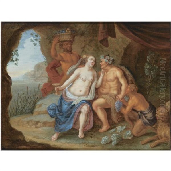 Bacchus With A Nymph Holding A Glass Of Wine, Together With Two Satyrs And A Leopard, In A Grotto, Surrounded By Grapes Oil Painting by Jan Van Balen