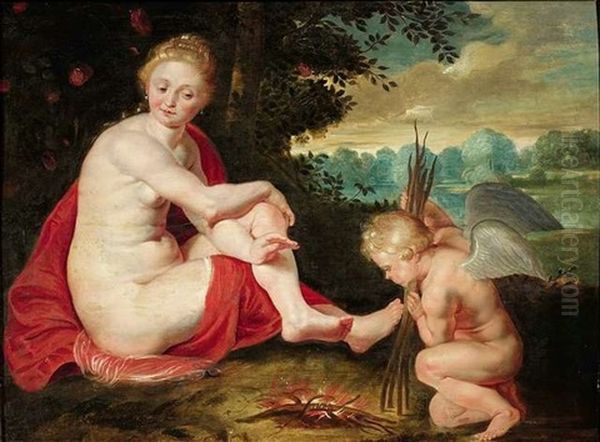 Venus Und Amor, Der Das Feuer (der Liebe) Entfacht, An Dem Sich Seine Mutter Warmt Oil Painting by Jan Van Balen