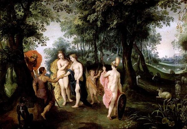 Aphrodite Entouree D'athena Et De Hera, Recoit La Pomme D'or De Paris Oil Painting by Jan Van Balen