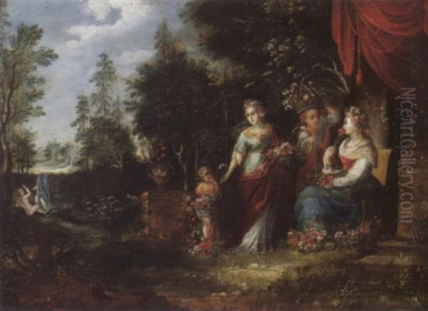 Blumenbeschmukte Grazien Und Putto In Weiter Landschaft Oil Painting by Jan Van Balen