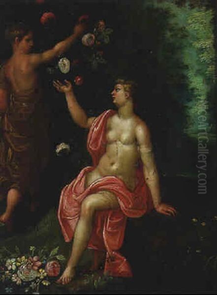 Venus And A Nymph Picking Flowers In A Landscape Oil Painting by Jan Van Balen