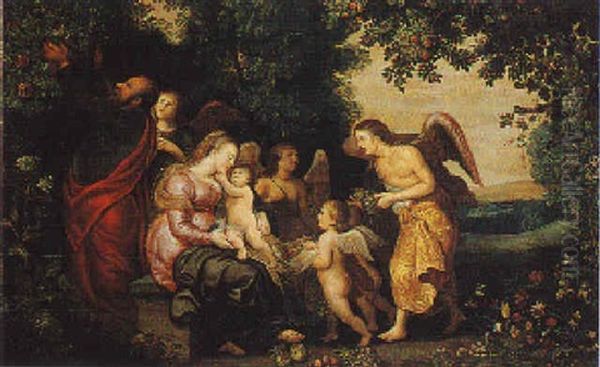 La Sacra Famiglia Assistita Dagli Angeli Oil Painting by Jan Van Balen