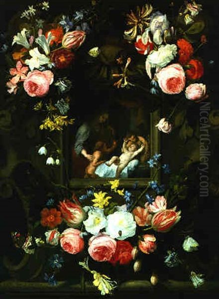 Bouquets De Fleurs Entourant Un Cartouche Representant La Vierge, L'enfant Jesus Et Des Anges Oil Painting by Jan Van Balen