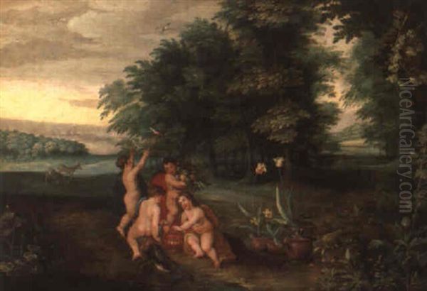 Allegorische Figuren In Landschaft Oil Painting by Jan Van Balen