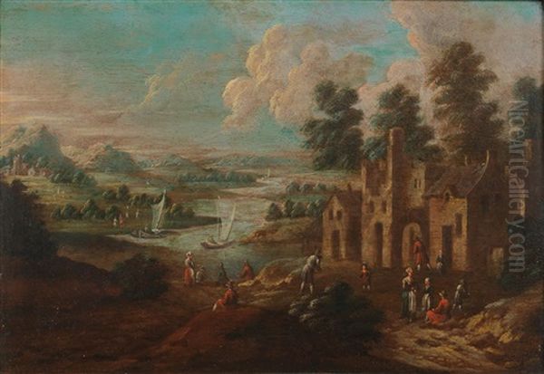 Two Wide River Landscapes Populated By Peasant Figures Oil Painting by Mathys Balen