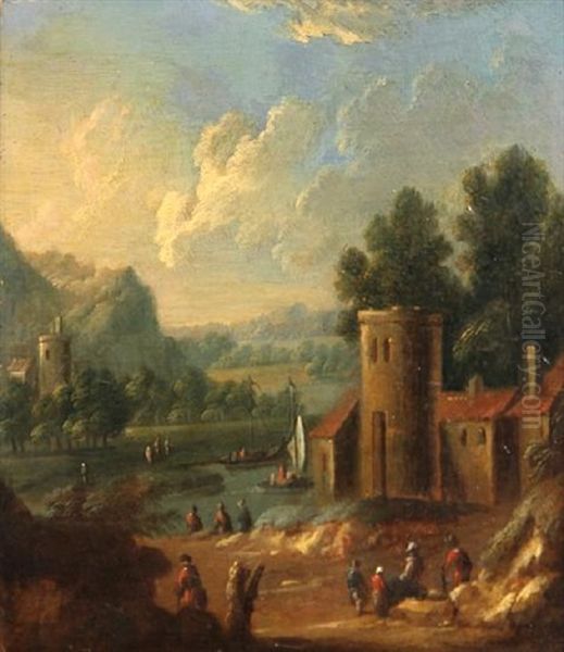 Figures By A Tower With Small Boats On A River Beyond Oil Painting by Mathys Balen