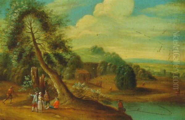 River Landscape With Villagers Conversing Oil Painting by Mathys Balen