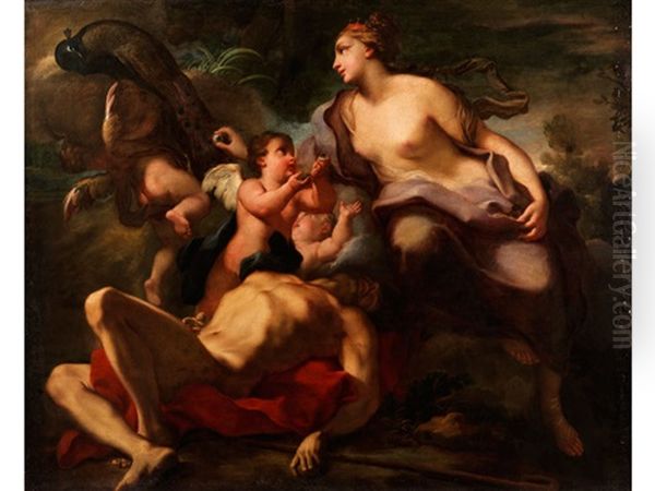 Juno Ubergibt Die Augen Des Argus Den Federn Des Pfaus Oil Painting by Antonio Balestra