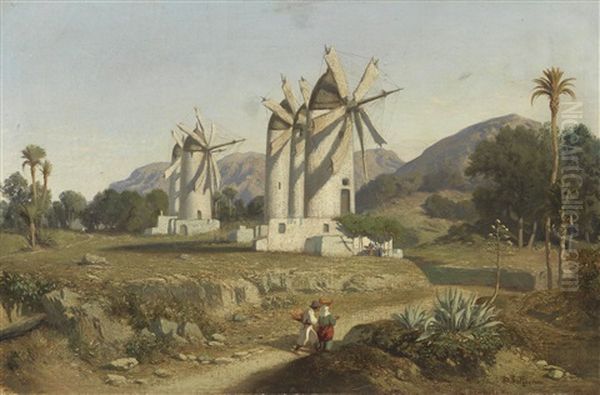 Windmuhlen Auf Mallorca Oil Painting by Adolphe-Paul-Emile Balfourier