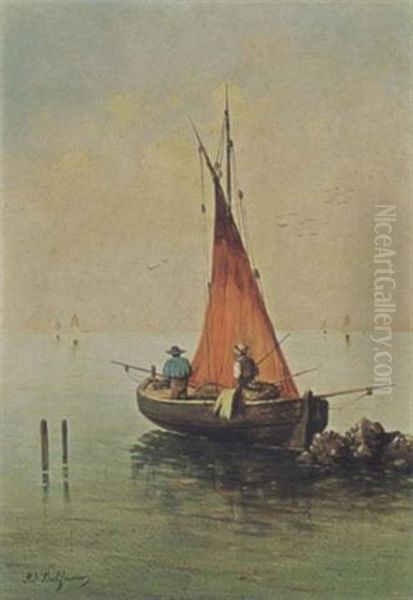 Fishermen In A Boat Oil Painting by Adolphe-Paul-Emile Balfourier