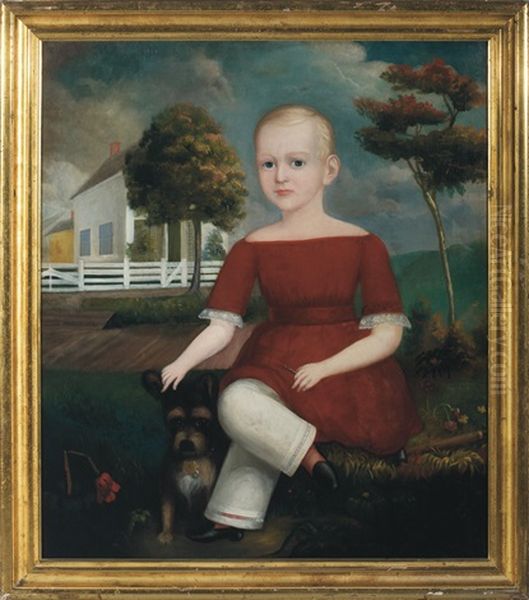 Folk Portrait Of A Young Boy In Red Outfit With Dog Oil Painting by Calvin Balis