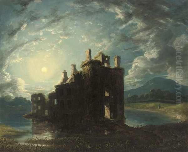 A Ruined Castle On A Loch By Moonlight Oil Painting by William Dacre Adams