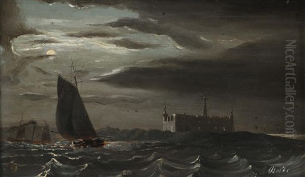 Kronborg Slott I Maneskinn Fra Sjosiden Oil Painting by Peder Balke