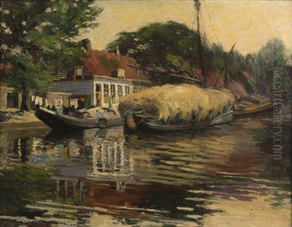 Docked Boats Along A River Oil Painting by Alice Worthington Ball