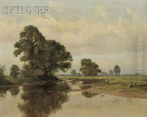 River View With A Resting Shepherd And His Grazing Flock Oil Painting by L. Clarence Ball