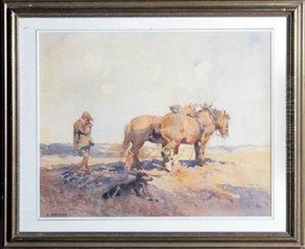 A Farmer With A Team Of Horses Harrowing A Field Oil Painting by Dorothy Adamson