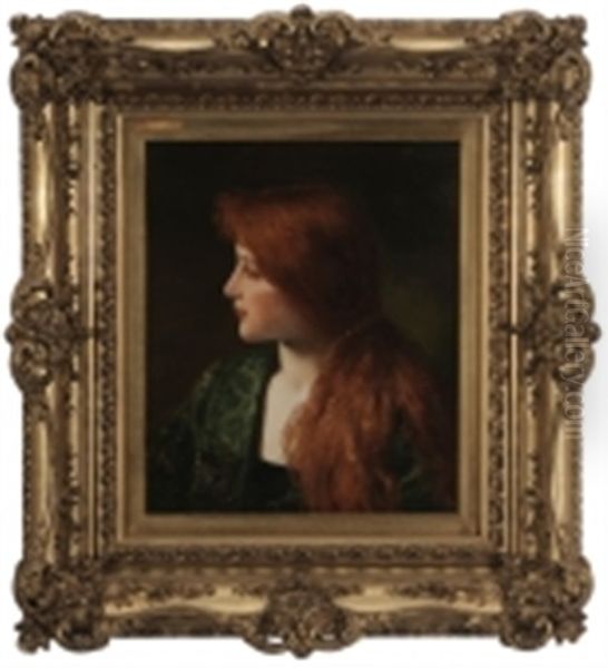 Portrait Of A Woman With Red Hair And Wearing An Emerald Robe Oil Painting by Jules Frederic Ballavoine