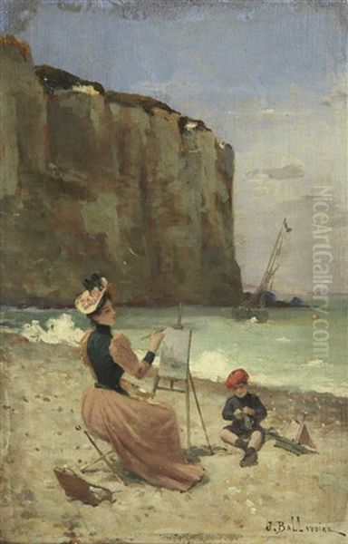 Mere A Son Chevalet Et Son Enfant, Aux Pieds Des Falaises Oil Painting by Jules Frederic Ballavoine