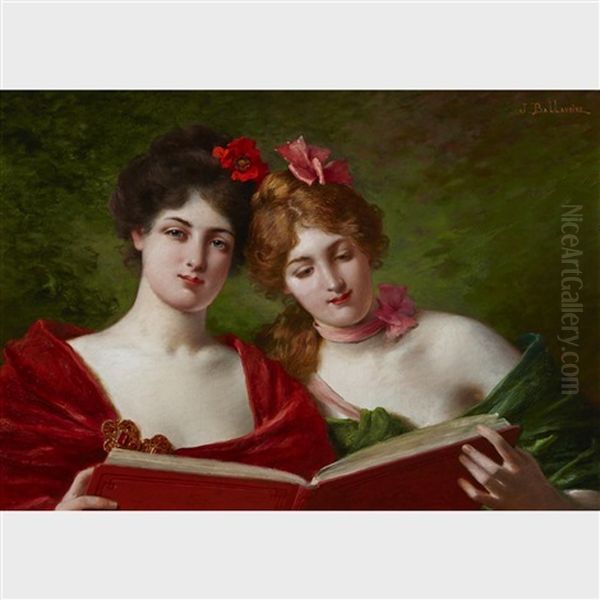 Elegant Ladies Reading Oil Painting by Jules Frederic Ballavoine