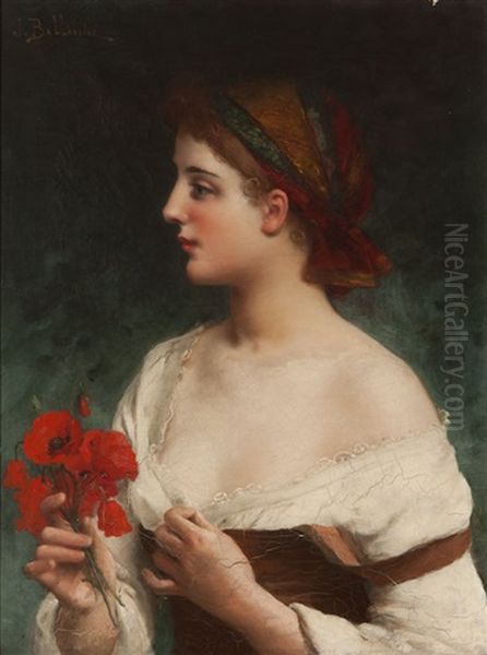 Portrait Of A Young Woman In Profile Holding Poppies Oil Painting by Jules Frederic Ballavoine