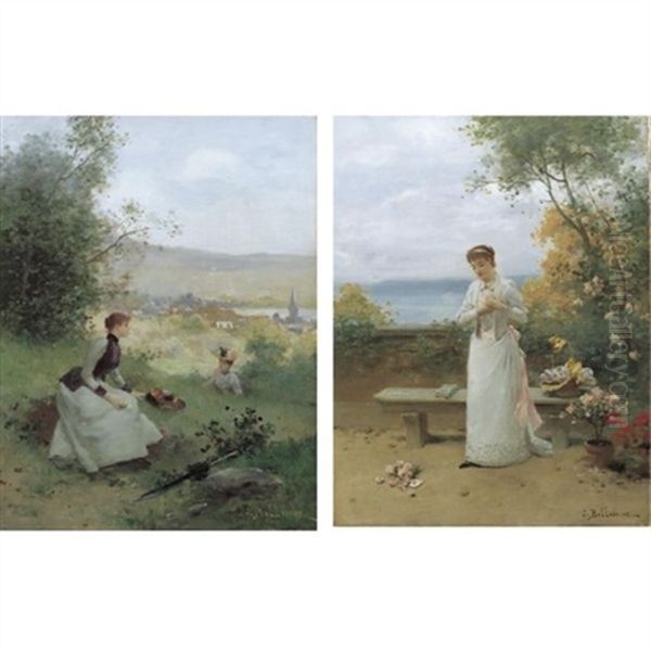 The Love Letter And Young Women Sitting In A Field (pair) Oil Painting by Jules Frederic Ballavoine