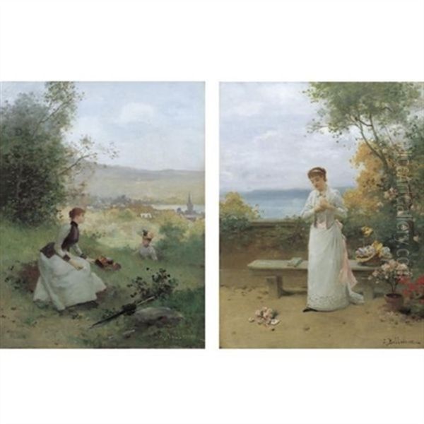 The Love Letter (+ Young Women Sitting In A Field; Pair) Oil Painting by Jules Frederic Ballavoine