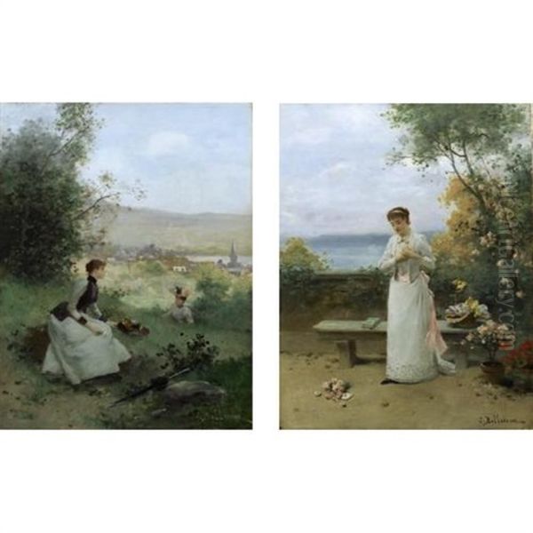 The Love Letter (+ Young Women Sitting In A Field; Pair) Oil Painting by Jules Frederic Ballavoine