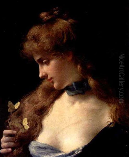 Portrait Of A Young Woman In Blue With Butterflies Oil Painting by Jules Frederic Ballavoine