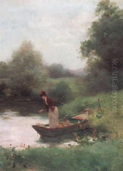 Elegante Anglerin In Ruderboot Am Ufer Oil Painting by Jules Frederic Ballavoine