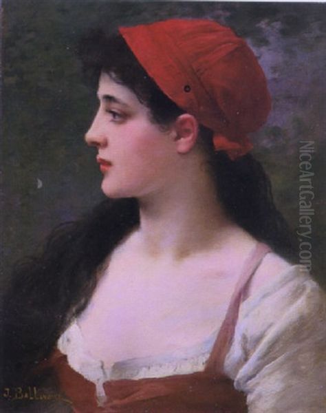 Profile Of A Young Girl Wearing A Red Hat Oil Painting by Jules Frederic Ballavoine