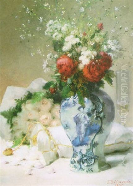 Still Life Of Flowers In A Delft Blue And White Vase Oil Painting by Jules Frederic Ballavoine