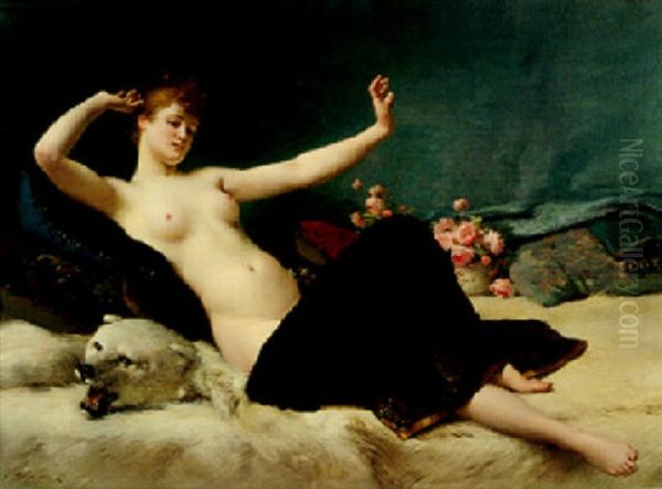 Nude On A Bearskin Oil Painting by Jules Frederic Ballavoine