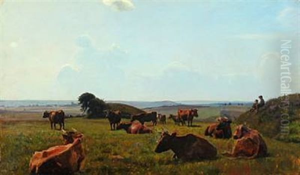 Cows In The Field Oil Painting by Otto Petersen Balle