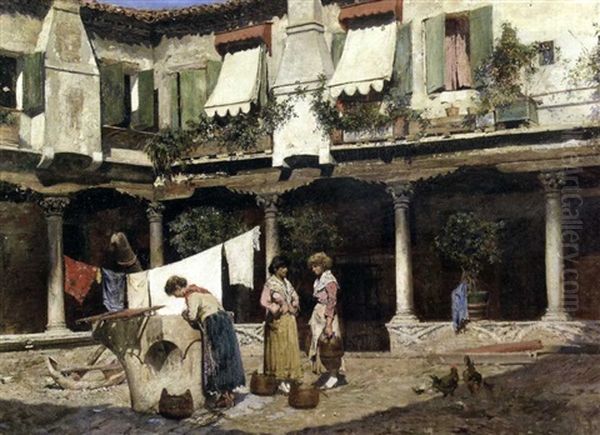 Interior De Patio. Las Lavanderas Oil Painting by Augusto Ballerini