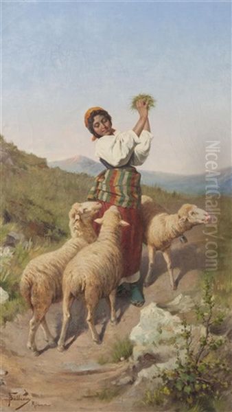 Shepherdess With Sheep Oil Painting by Francesco Ballesio