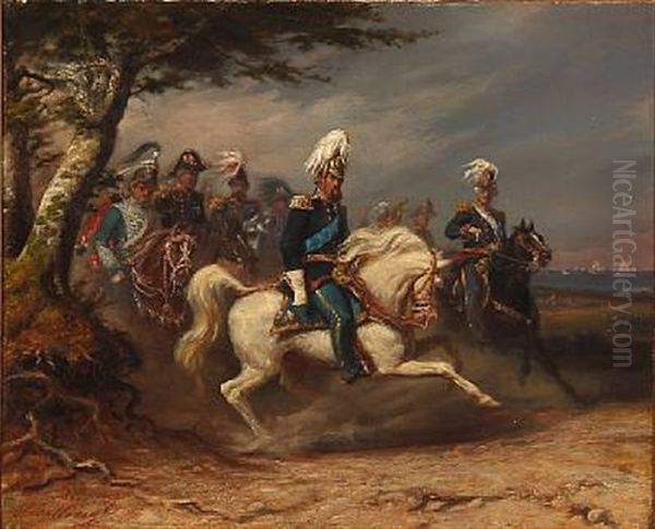 King Frederik Vii Of Denmark On Horseback In Front Of His Staff During The First Schleswian War Oil Painting by Ole Peter Hansen Balling