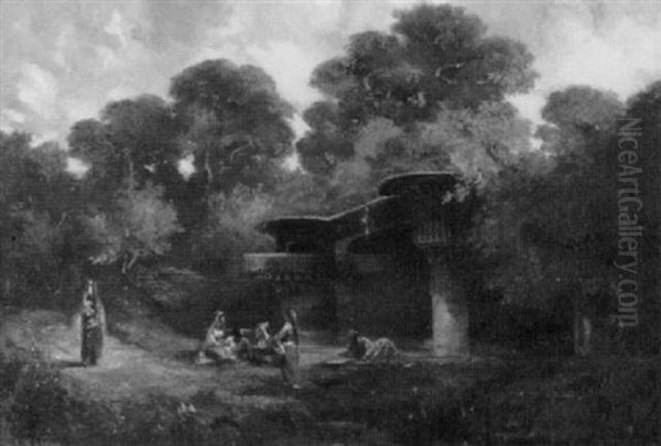 Waldlandschaft Mit Orientalischen Frauen Vor Einem Haus Oil Painting by Hippolyte Homere Ballue