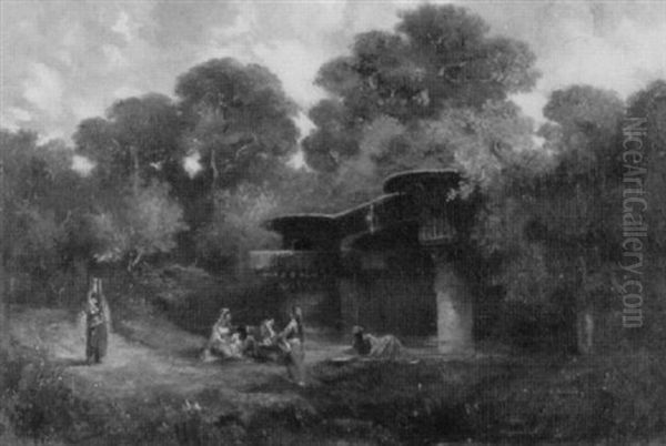 Waldlandschaft Mit Orientalischen Frauen Vor Einem Haus Oil Painting by Hippolyte Homere Ballue