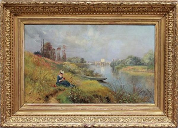 Somerlicher Tag An Einem Flusslauf Mit Blumen Pfluckendem Madchen Oil Painting by Pierre-Ernest Ballue