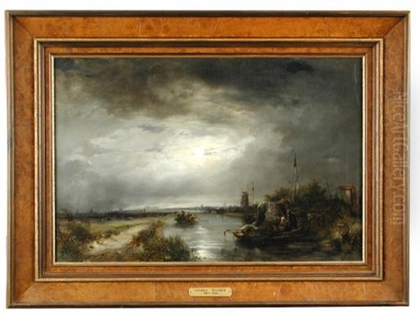 A Moonlit River Scene With Boats And A Windmill Beyond Oil Painting by George Balmer