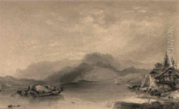 Figures In A Boat In An Alpine Lake Landscape Oil Painting by George Balmer