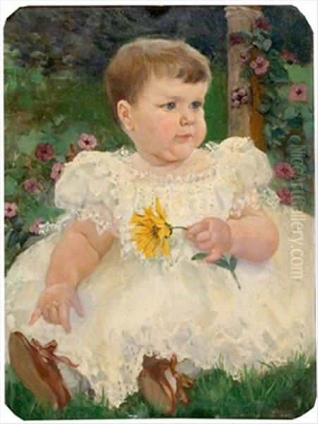 Kleinkind In Weisem Kleid Mit Gelber Blume Oil Painting by Wilhelm Balmer