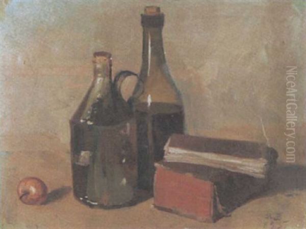 Stilleben Mit Weinflaschen Und Buchern Oil Painting by Wilhelm Balmer