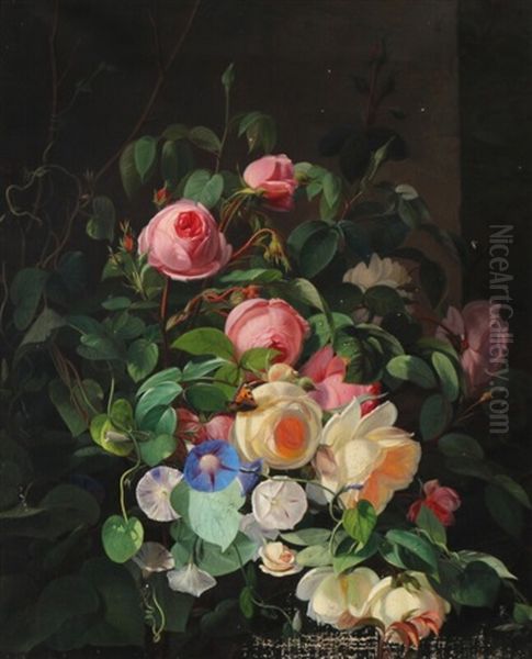 Still Life With Dewy Roses And Bindweed Oil Painting by Carl Vilhelm Balsgaard