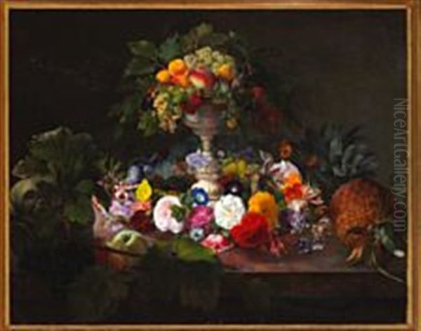 Still Life With Fruit And Foliage In A Centrepiece On A Sill With Flowers And Fruits Oil Painting by Carl Vilhelm Balsgaard