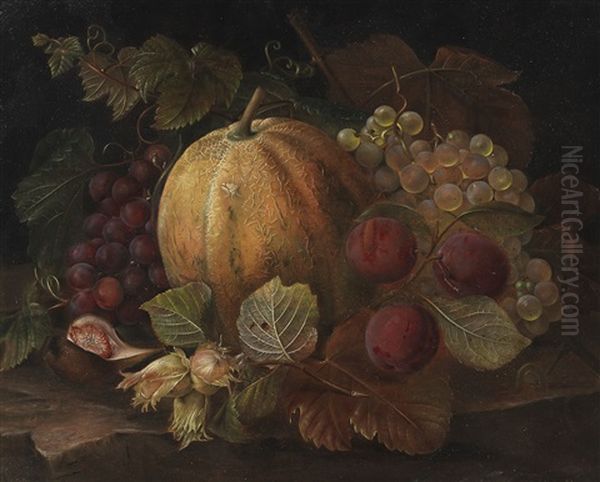 Stillleben Mit Kurbis, Pflaumen Und Weintrauben Oil Painting by Carl Vilhelm Balsgaard