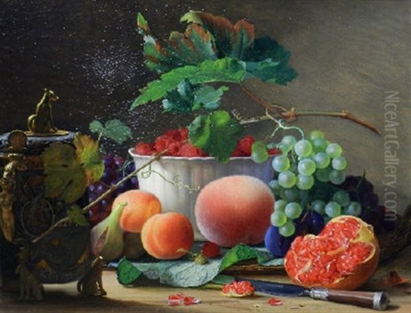 A Still Life Composition With Grapes, Raspberries, Peaches And Other Fruit On A Table Top Oil Painting by Carl Vilhelm Balsgaard