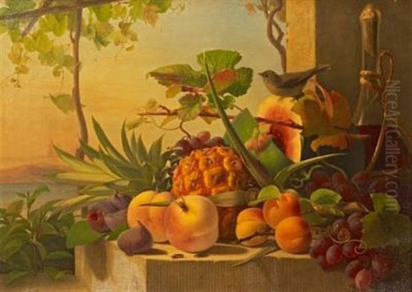 Still Life With Fruit, Landscape And A Bird Oil Painting by Carl Vilhelm Balsgaard