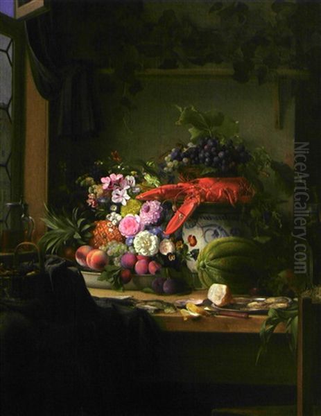 Nature Morte Au Homard, Fruits Et Fleurs Oil Painting by Carl Vilhelm Balsgaard